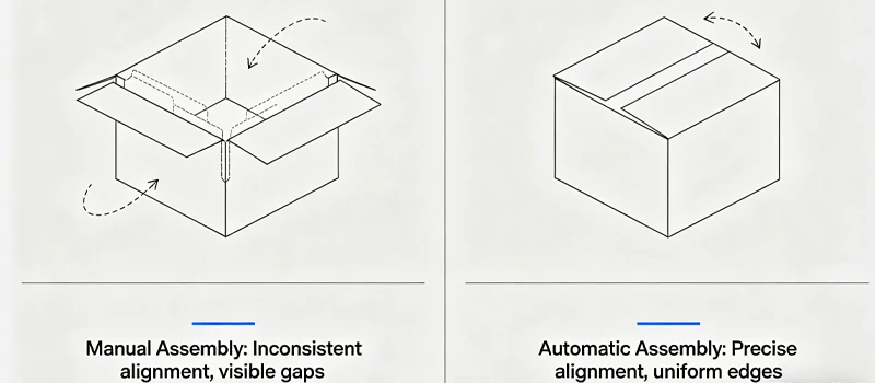Side-by-side comparison of box alignment quality from manual vs. automatic assembly